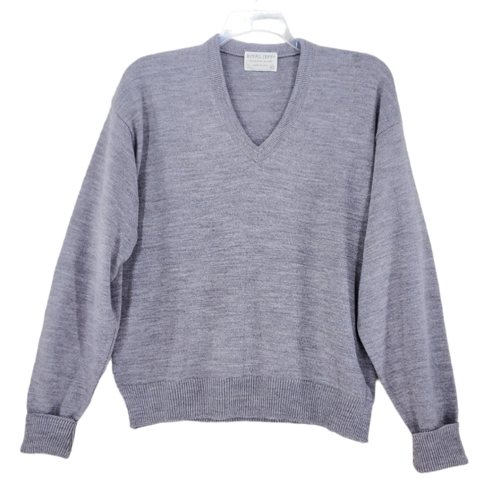 70s Royal Jeff Knit Sweater Gray V Neck Pullover Ribbed Trim Mens L VTG USA Made